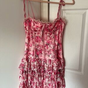 Pink Floral Ruffle Lace Corset Mini Dress NWOT Size L
